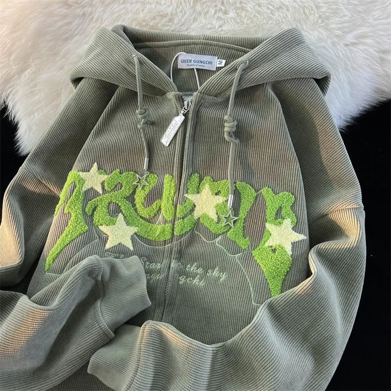 Autumn Long Sleeve Tops Loose Hood Shirt Harajuku Y2K Clothes Female Sweatshirt Jacket Fashion Embroidery Zip up Hoodies Women